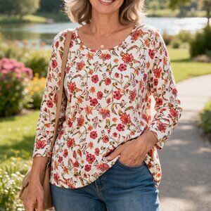 Appleseed’s Floral Top Womens Large Long Sleeve Stretch Casual Blouse